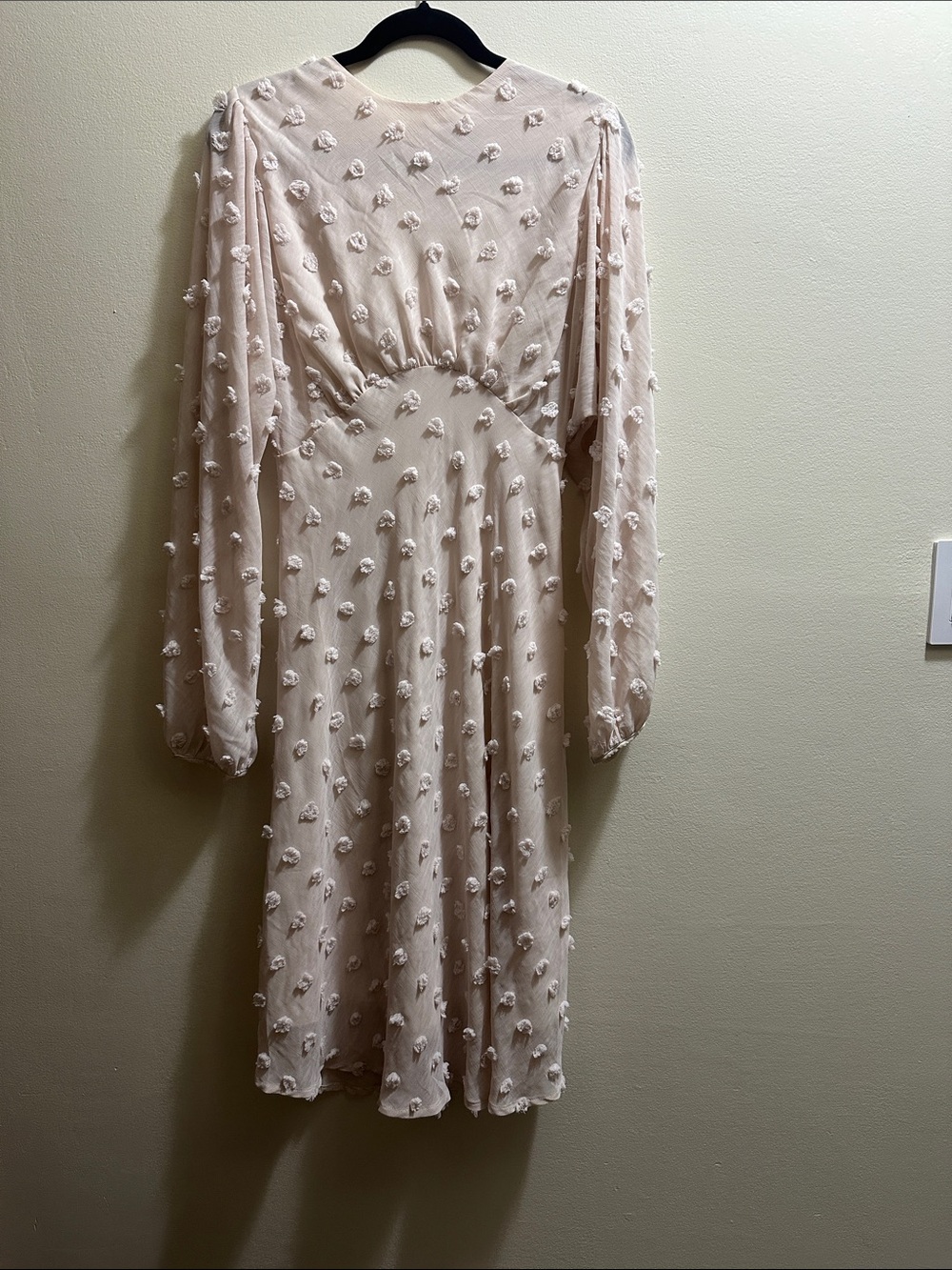 Chicwish Cream Textured Puff-Dot Long-Sleeve Midi Dress